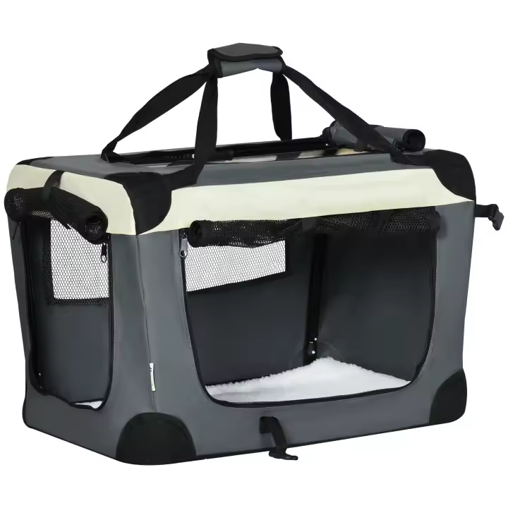 PawHut Jaula para mascotas, bolsa de transporte para mascotas, plegable, portátil, con apertura superior, tela de malla transpirable, gris y negro - 1