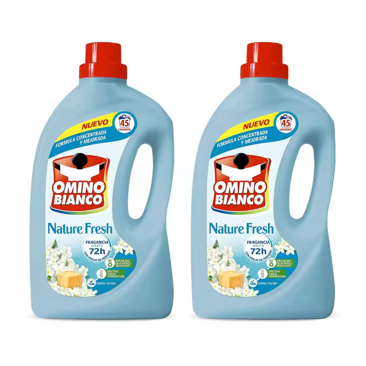 Omino Bianco - Detergente Líquido Nature Fresh, 45 Dosis, Pack 2 x 1800ml + 40ml, Limpieza Profunda con Jabón Natural, Fragancia Fresca y Duradera, Apto para Pieles Sensibles - 1