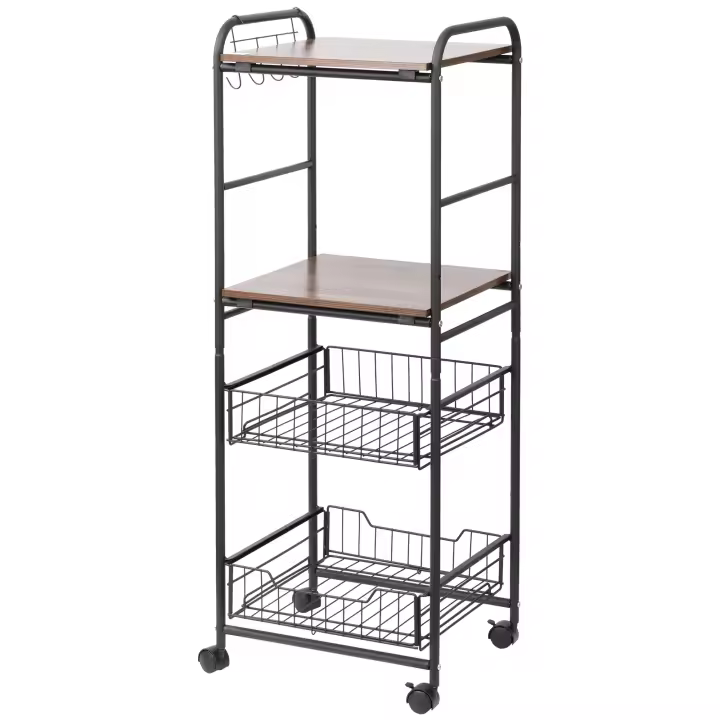 HOMCOM Carro de Cocina con Ruedas Carrito Auxiliar de Almacenaje con 2 Estantes 2 Cestas Extraíbles y 4 Ganchos para Comedor Baño 40x38x111 cm Nogal y Negro - 1
