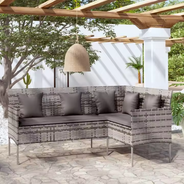 vidaXL Sofá en forma de L con cojines ratán sintético en color Negro/Gris | acolchados duraderos para sofás de jardín terraza exterior - 1