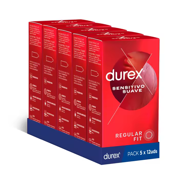 Durex - Condones Sensitivo Suave, Pack de 60 Preservativos para Sexo Seguro. Perímetro Regular, Grosor Fino. 5 Cajitas - 1