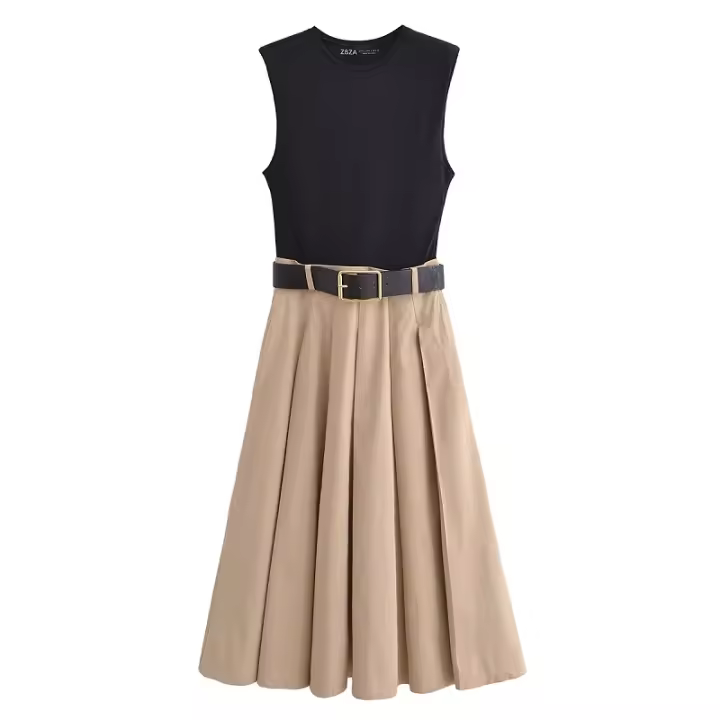 Vestido midi plisado TRAF 2025 sin mangas estilo veraniego elegante con cinturón y decoración drapeada para fiesta para mujer - 1