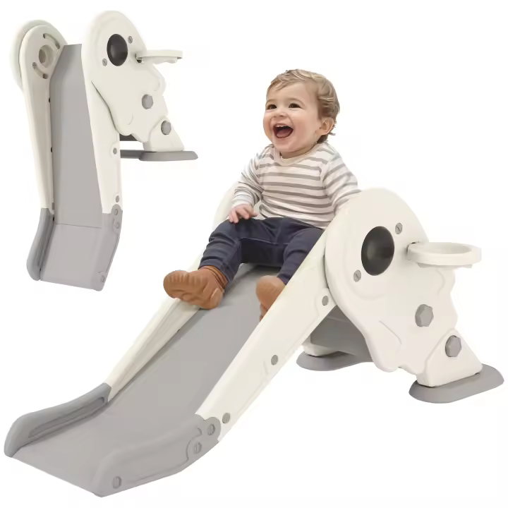 AIYAPLAY Tobogán infantil 3 en 1 con aro de baloncesto y estructura de escalada, tobogán de interior plegable para niños de 2 a 5 años, 132 x 48 x 57 cm, color crema - 1