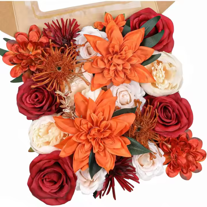 Flores artificiales combinadas de seda, peonías y rosas falsas con tallo para centros de mesa y ramos de boda hechos a mano, color naranja quemado - 1