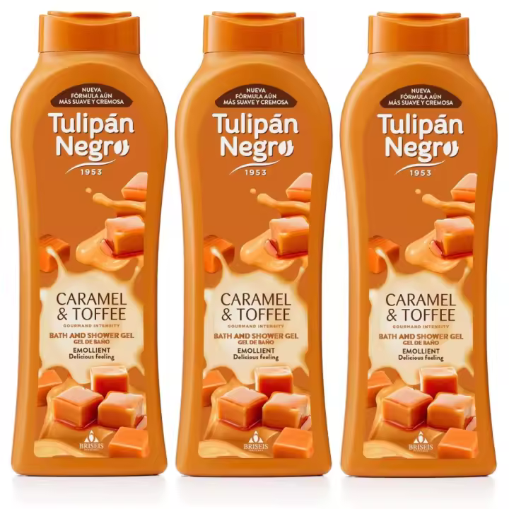 TULIPAN NEGRO, Gel de Baño y Ducha Caramel Cream Toffee 650ml (Pack de 3x650ml), Tulipán Negro de la Línea Gourmand Intensity, Máxima Hidratación y Suavidad para la Piel, Fragancia Dulce y Cremosa a Caramelo y Café - 1