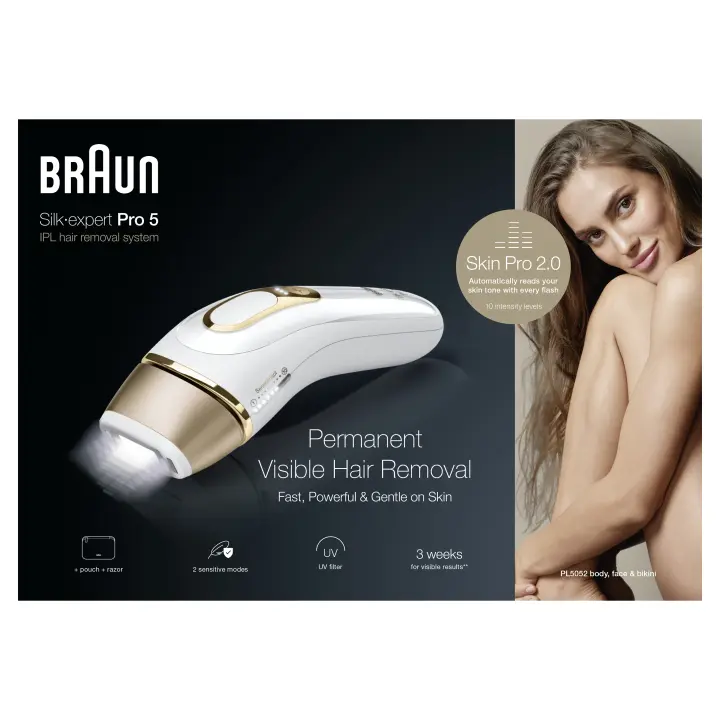 Braun Silk expert Pro 5 PL5052 Depiladora de Luz Pulsada (IPL) Unisex, Depilación Permanente del Vello Visible en casa, incluye 1 Cabezal Estándar, Maquinilla de Depilación de Venus y una Funda Blanda de Braun. - 1