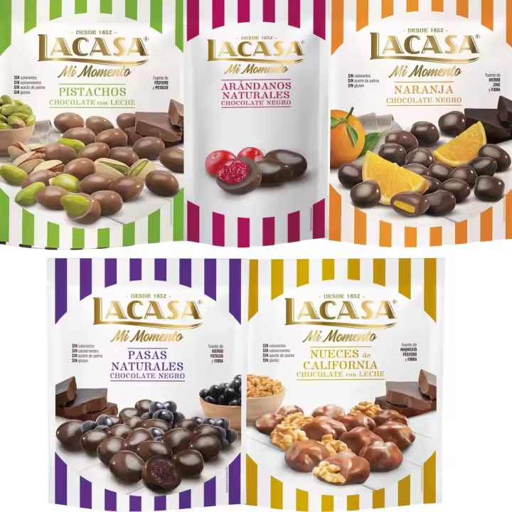 Lacasa Mi Momento pack de 5:Arándano choco Negro 60G,Nueces Leche 115G,Pasas choco Negro 150G,Almendra choco Negro 125G,Naranja choco Negro 125G - 1