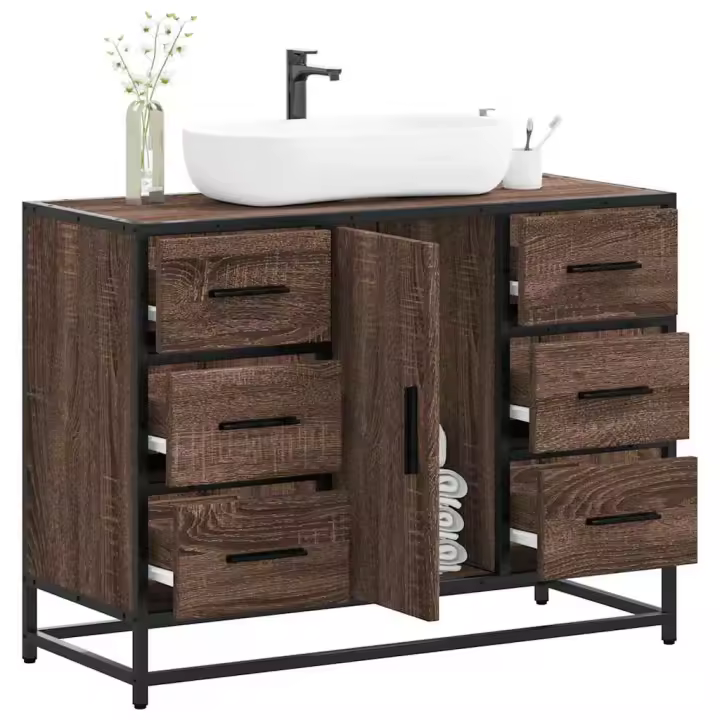 vidaXL Armario lavabo baño madera ingeniería roble marrón 80x33x60 cm en color Marrón roble/Roble ahumado/Gris sonoma y más | almacenamiento funcional diseño moderno para baño dormitorio sala - 1