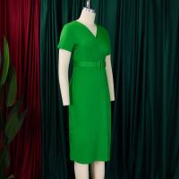 Vestido Elegante Para Oficina Para Mujer Con Cuello En V Manga Corta Cinturón Ajustado Recto Midi Formal Ropa De Negocios Para Mujer - details 3