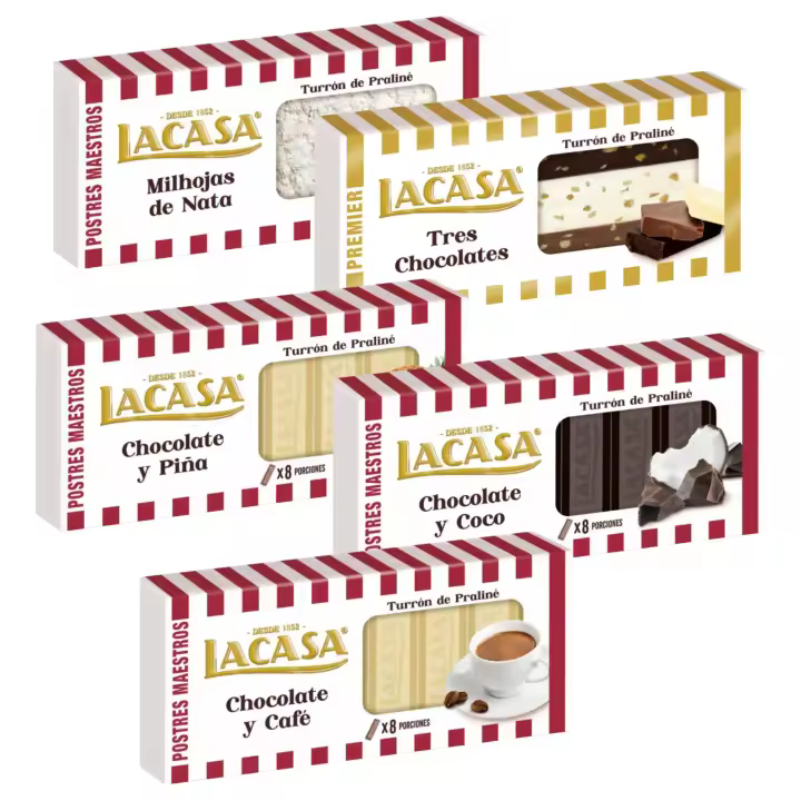 Turrones Lacasa: 5 tabletas de Turron variadas: Chocolate y café, Chocolate y coco, Chocolate y piña, Milhojas de nata y Tres chocolates - 1