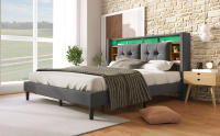 Cama tapizada Cabecero de Cama Doble with Almacén Marco de Cama with USB de carga e iluminación LED Somier de lámparas de Madera, 160*200CM Gris (with colchón) - details 2
