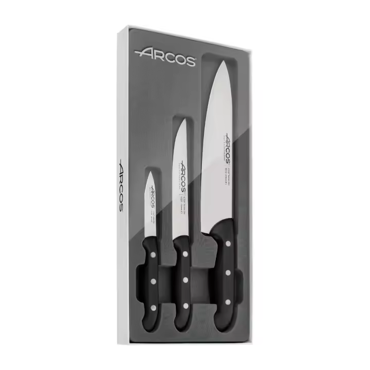 Arcos Serie Maitre - Set de Cuchillos de Cocina 3 piezas (Mondador + Cocina + Chef) - Hoja de Acero Inoxidable NITRUM - Mango de Polipropileno Color Negro - 1