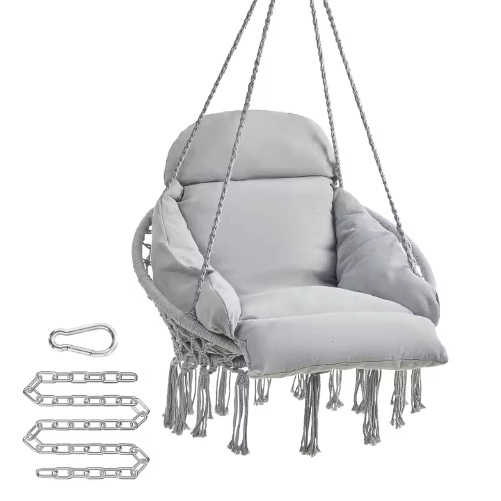SONGMICS Hamaca Silla, Silla Colgante, Cojín Grande y Grueso, Boho para Dormitorio, Balcón, Jardín, Sala de Estar, Soporta hasta 120 kg, Incluyen Accesorios,  Blanco Crema y Gris Paloma/Gris Paloma/Blanco Crema - 1