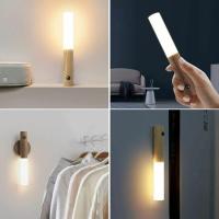 Lámpara de pared LED de madera, lámpara de pared vintage con batería, sensor de movimiento, recargable por USB, luz nocturna apilable, lámpara de noche para niños, blanco cálido - details 0