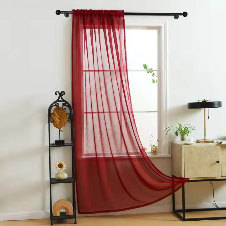 Cortina Sutil Roja Vibrante Para Decoración De Hogar Oficina Sala De Estar Y Dormitorio Con Bolso De Percha Moderna Translúcida - 1