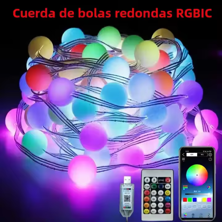 Cadena De Luces LED RGBIC Redonda 5V USB Bluetooth Controlador De Música APP Impermeable Para Exterior Decoración De Jardín Y Camping - 1
