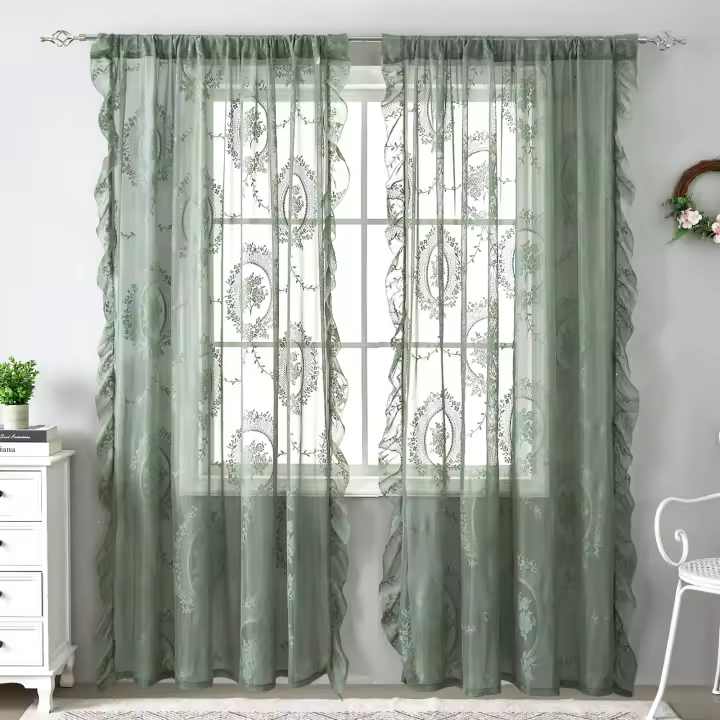 Cortinas De Encaje Verde Estilo Campo Para Living Room Y Dormitorio Decoración De Ventana Con Ramas Almidonadas Doble Capa Sin Efecto Blackout - 1