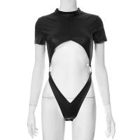 Bodysuit Sexy PU Para Mujer Color Negro Top Rave Outfit Con Manga Corta Hollow out Un-Piece Lencería Feminina Slim Fit Rayón - details 8