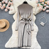 YuooMuoo Vestido Bodycon De Punto Elegante En Caqui Y Negro Para Mujer Estilo Lady Oficina Ajustado Con Cinta Y Abertura Al Final De Otoño E Invierno - details 0