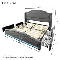 Cama Tapa Suave 160 × 200, Cama Doble with 4 Cajones, Iluminación LED y Puerto de Carga USB-C, Cama de Almacenamiento y Cama Juvenil con Base de Listas, Terciopelo, Gris, Sin Colchón - details 5