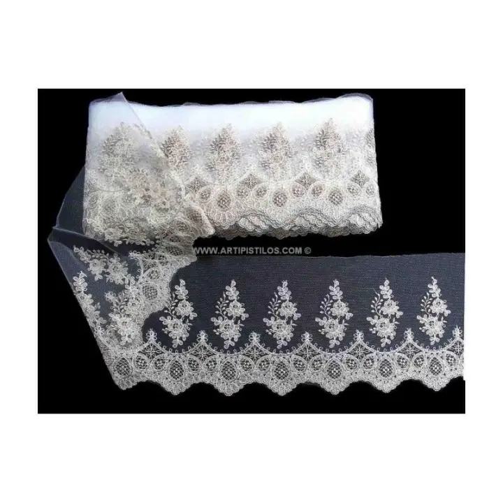 Puntilla Bordada Sobre Tul de Novia Calidad Premium 14cm Ancho - 1