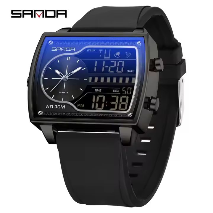 Reloj De Cuarzo Para Hombre SANDA 6163 Con Pantalla Dual Resistente Al Agua Y Contador De Retroceso En Acero/Librea/Rubber - 1