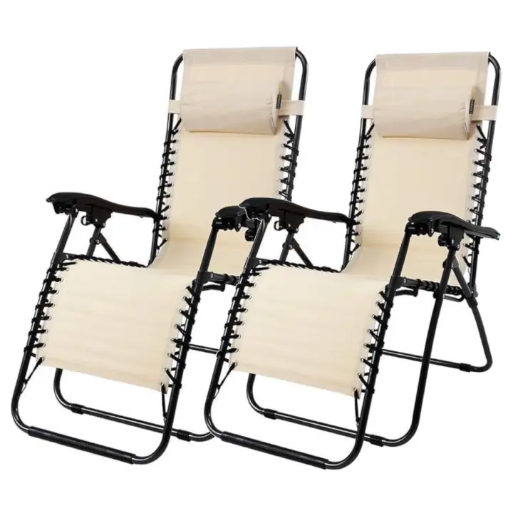 Silla de gravedad cero, plegable al aire libre, silla de descanso ajustable 65*90*110cm , 120kgs de capacidad de peso, reclinable con soporte para tazas y almohadas para patio, piscina, playa, césped, terraza, patio, juego de 2 – marrón - 1