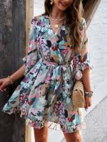 Vestido A-Line De Pierna Larga Para Mujer Con Estampado Floral Elegante Cuello V Manga Corta Estilo Casual Vestido De Verano Primavera - details 14