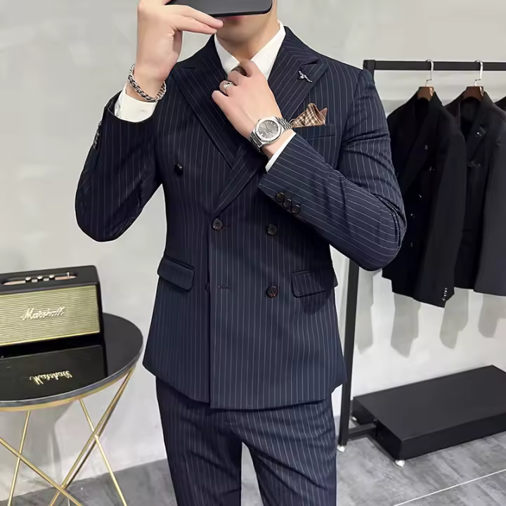 Traje Tres Piezas De Calidad Alta Con Rayas Y Color Sólido Estilo Coreano Traje Slim-fit Con Chaleco Y Pantalones Para Hombres - 1