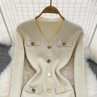 Vestido Midi De Punto REALEFT Para Mujer Con Cuello En V Manga Larga Y Falda Frontal Solta Estilo Casual Color Sólido Otoño Invierno - details 26