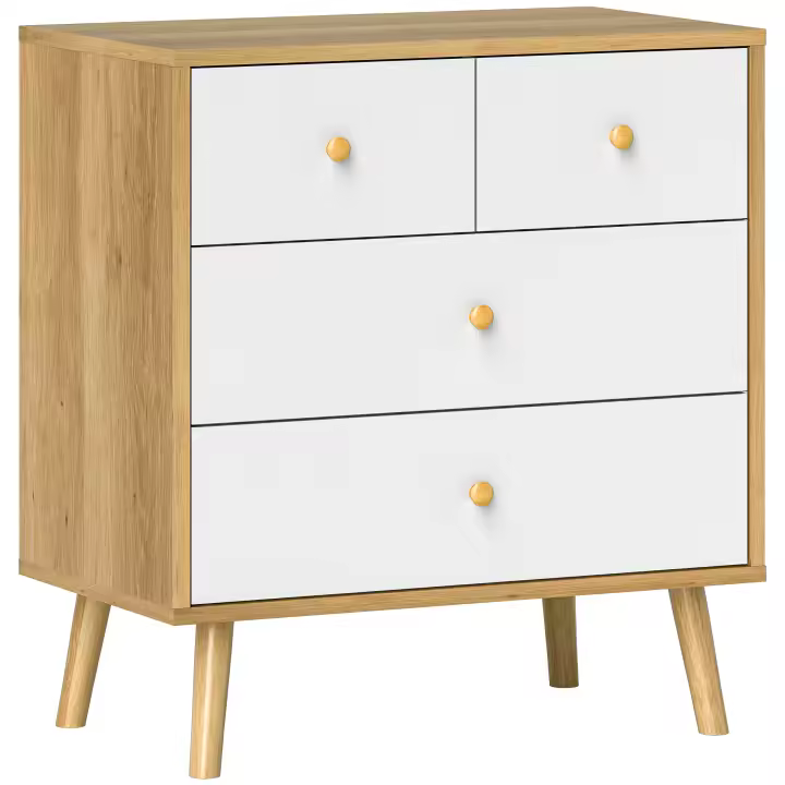 HOMCOM Cómoda de 4 Cajones Cómoda para Dormitorio con Tiradores de Madera Cajonera Estrecha para Salón Pasillo 60x35x65 cm Roble y Blanco - 1