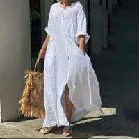 Nueva Túnica De Verano Para Mujer 2024 Algodón Y Lino Suéter De Playa Con Cierre Único Manga Larga Vestido A-Line De Cintura Baja - details 10
