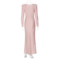 Vestido Maxi Dulzura Elegante Y Sólido Con Hombros Acentuados Y Cintura Definida Para Fiesta De Noche Mujer Otoño Invierno - details 10