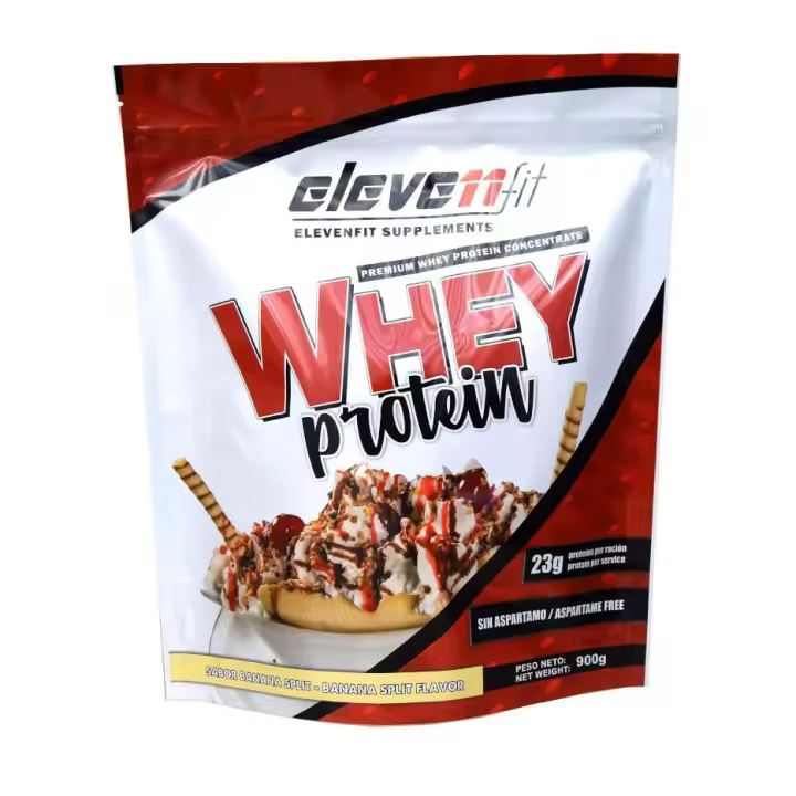 Eleven Fit Proteina Whey Pro, Concentrado de Suero / Aumenta Masa Muscular / BCAA's y Antioxidantes / Refuerza Huesos y Defensas / Bajo en Grasas y Carbohidratos, Sabor Banana Split, 900GR - 1