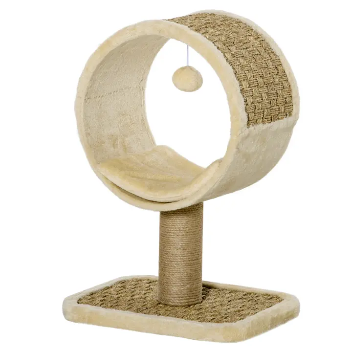 PawHut Árbol para Gatos 40x30x56 cm Ø32cm Rascador de Gato con Túnel Superior Poste Rascador de Yute Natural Beige - 1