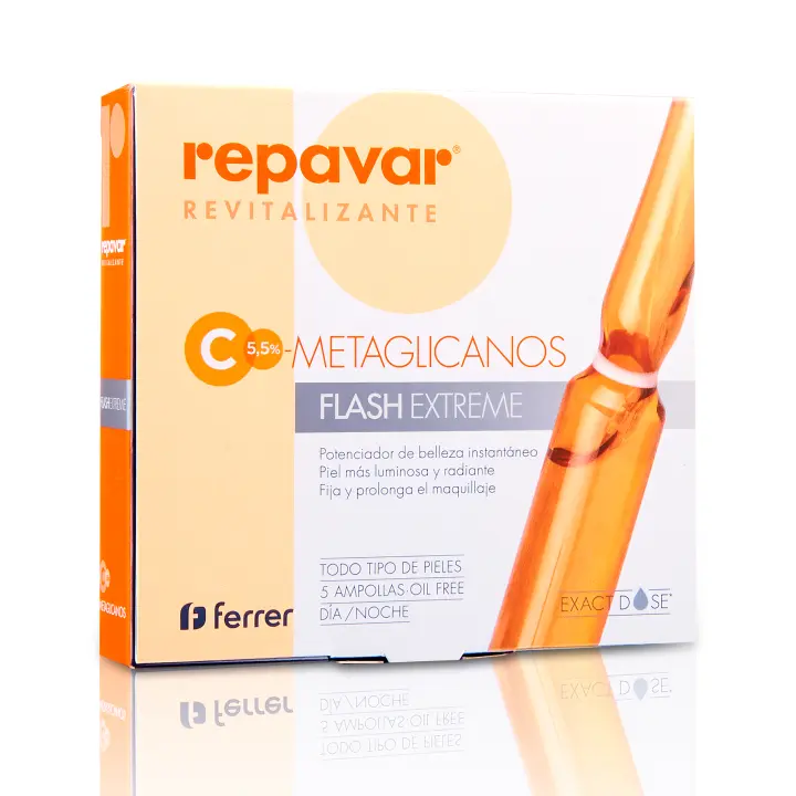 Repavar Revitalizante Sérum Metaglicanos Flash Extreme Efecto Tensor Inmediato Elaborado con Vitamina C - Piel más Luminosa y Radiante - Fija el Maquillaje - 5 Ampollas de 1 ml - 1