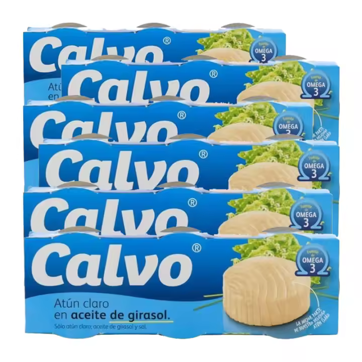 Atún claro en aceite girasol Calvo 3x65 g x 6 packs, 18 latas Total  1,17 kg - 1