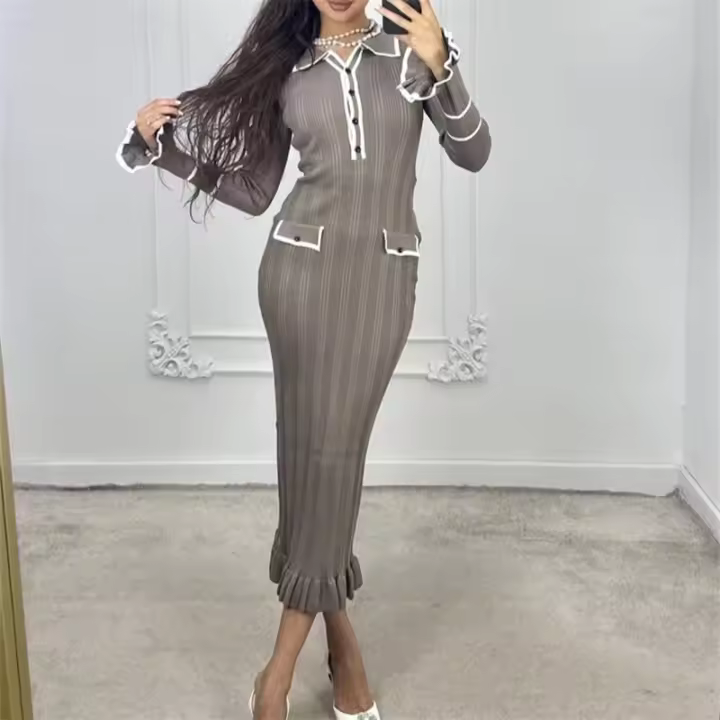 Vestido Largo De Encaje Elegante REALEFT Otoño Invierno Con Cuello Abajo Botones Cintura Alta Mujer Suéter Vestido Estilo Oficina Lady - 1