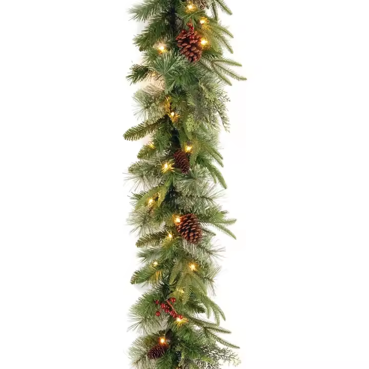 Guirnalda artificial, verde, abeto colonial, luces blancas, decorada con piñas, enchufable, colección navideña, 9 pies - 1