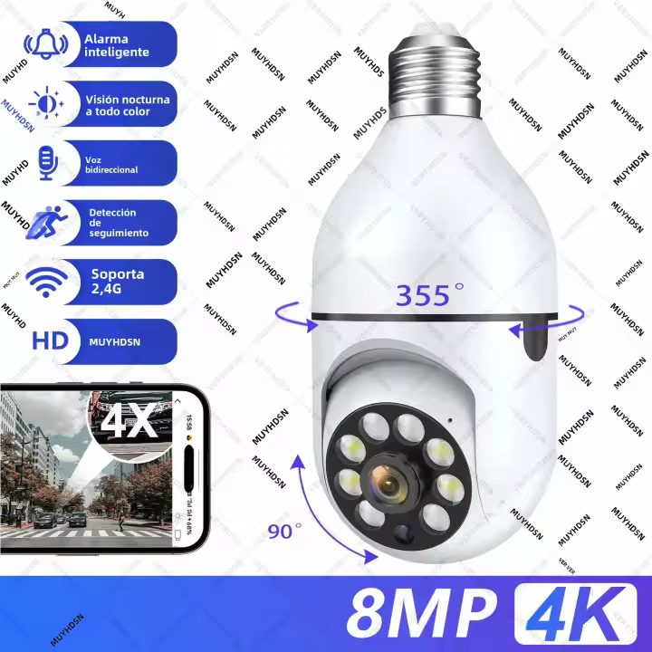Cámara De Seguridad WiFi IP 8MP E27 Bombilla Monitoreo De Bebé Interior Visión Nocturna En Color Vigilancia Completa 360° - 1
