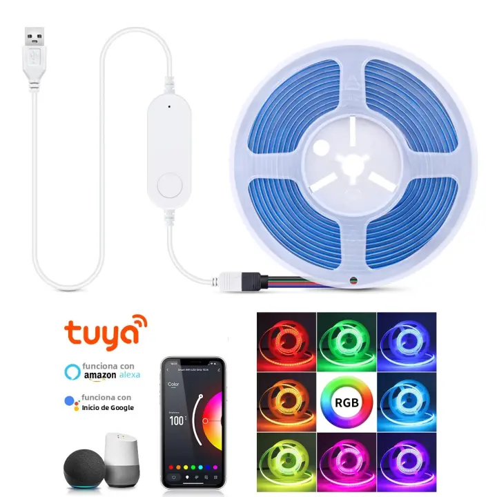 Tira LED COB RGB Inalámbrica Con Control WiFi Y USB Para Habitación 576leds/m Compatible Con Tuya Smartlife Cambio De Color Tira LED Inteligente Para Sala De Estar - 1