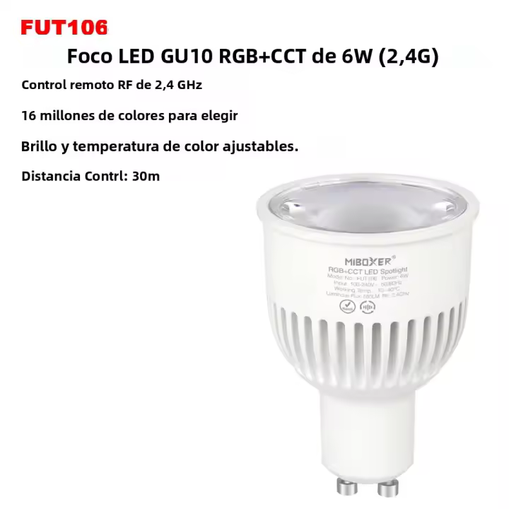 Spotlight LED Inteligente Miboxer FUT106 6W GU10 2.4GHz TUYA Control Por App Y Voz Temperatura De Color Ajustable 2700K-6500K Brillo 550LM - 1