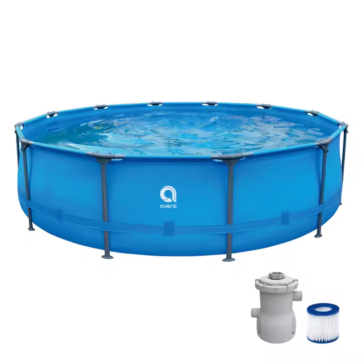 Piscina desmontable AVENLI Redonda ±366cm de diámetro y 76cm de altura con depuradora de cartucho 1136 L/h - Capacidad de agua (90%): 4672L. Instalación rápida sin herramientas.  Acero tecnológico anticorrosión y tubos ovalados. Con material Lam Tech. - 1