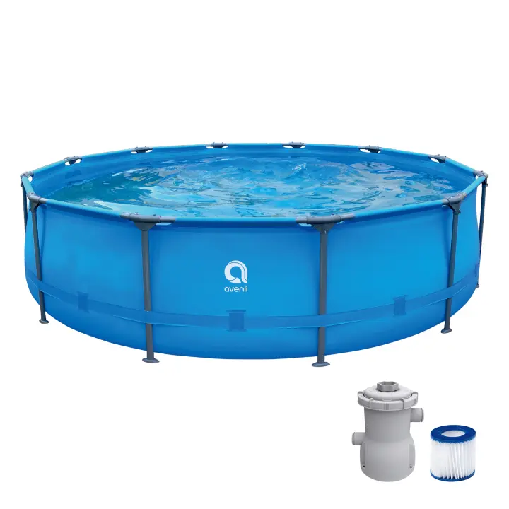 Piscina desmontable AVENLI Redonda ±366cm de diámetro y 76cm de altura con depuradora de cartucho 1136 L/h - Capacidad de agua (90%): 4672L. Instalación rápida sin herramientas.  Acero tecnológico anticorrosión y tubos ovalados. Con material Lam Tech. - 1