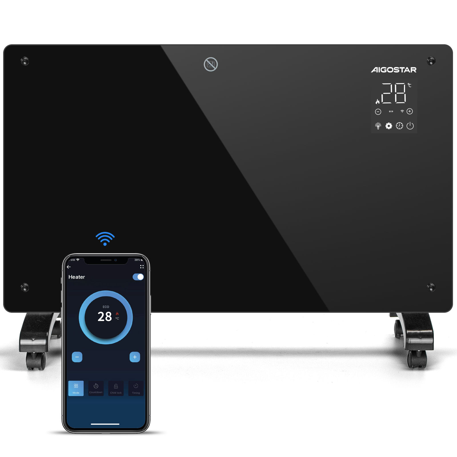 AIGOSTAR Calefactor Bajo Consumo,Convector Eléctrico Panel de Vidrio Ultra Fino. Conexión Wi-Fi, Temporizador de 24 h, 3 modos, Pantalla LED Táctil. Programable. (2000W - WIFI)