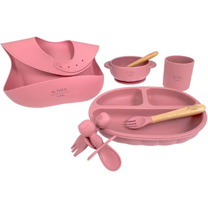 Conjunto de Vajilla Orgánica de Silicona para Bebé Althea Living - 8 piezas: Plato Harvard y Bol con Ventosa, Vaso de Aprendizaje, Cubiertos con Mango de Bambú, Babero - 1