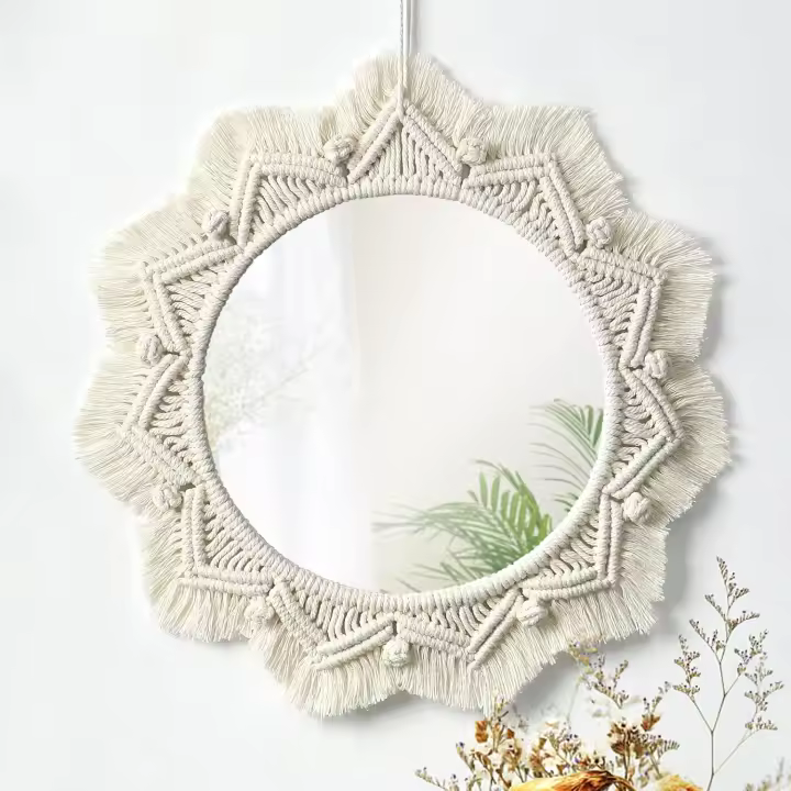 Espejo de pared Boho Espejo Art Decor Macrame Fringe Decorativo Espejos Redondos Ornamento para Mural Apartamento Home Dormitorio Sala estar Decoración - 1