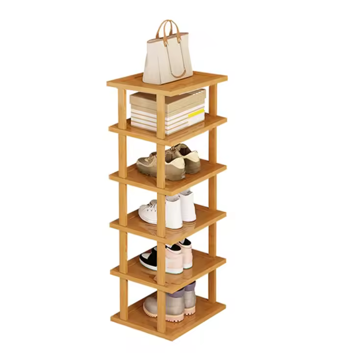 Zapatero vertical, organizador de 6 estantes de almacenamiento verticales, estante estrecho, pequeño zapatero de madera, estructura estable, impermeable, gran capacidad, bambú con gran carga - 1