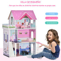 HOMCOM Casa de Muñecas de 3 Pisos con Patio 86x30x87 cm Muebles Accesorios Completos Diseño Lindo Casita Muñecas de Juguete Madera Rosa - details 4