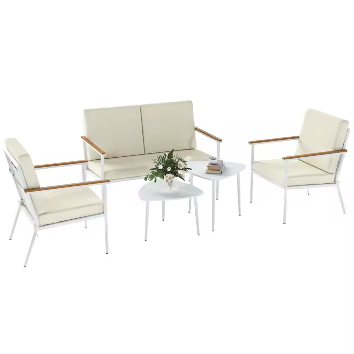 Outsunny Conjunto de Jardín Exterior 5 Piezas Muebles Jardín Exterior con 1 Sofá de 2 Plazas 2 Sillones y 2 Mesas de Centro con Tablero de Vidrio Templado Cojines Lavables Beige - 1
